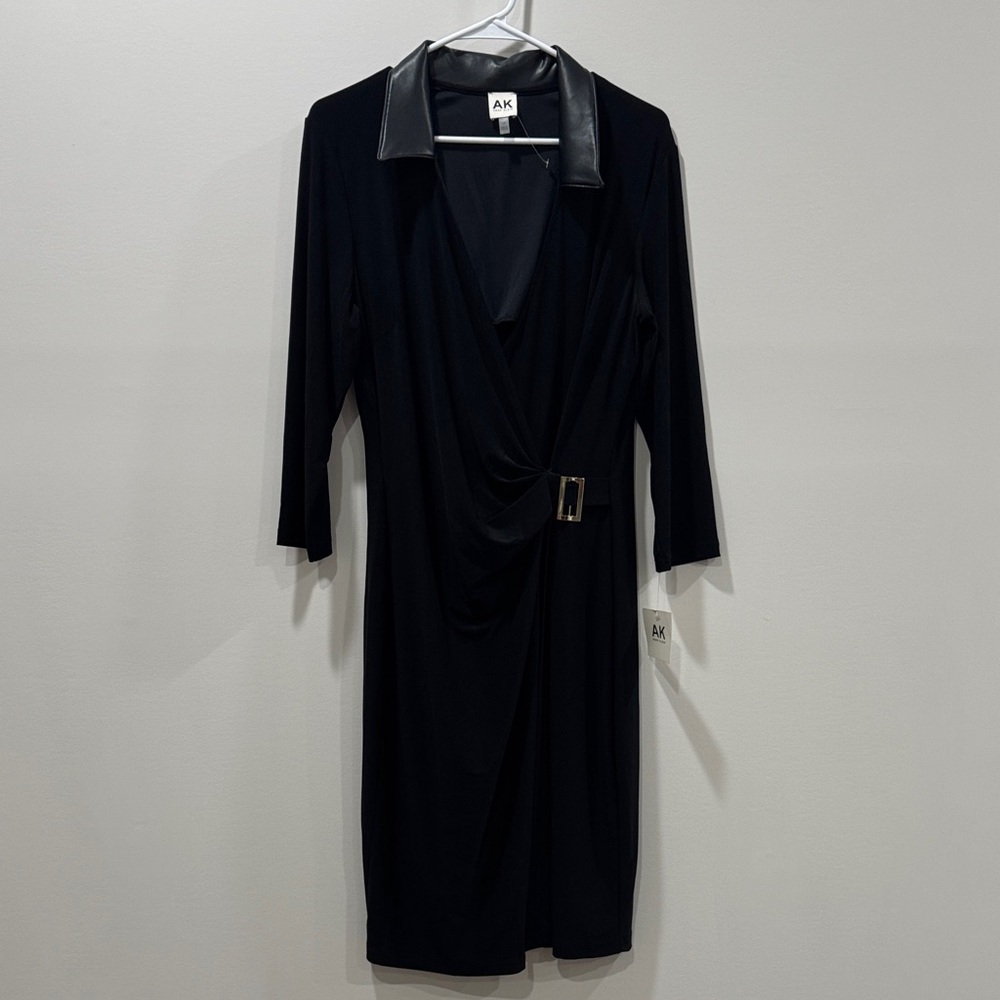 Anne Klein Black Long Sleeve Dress with Faux Leather Detail